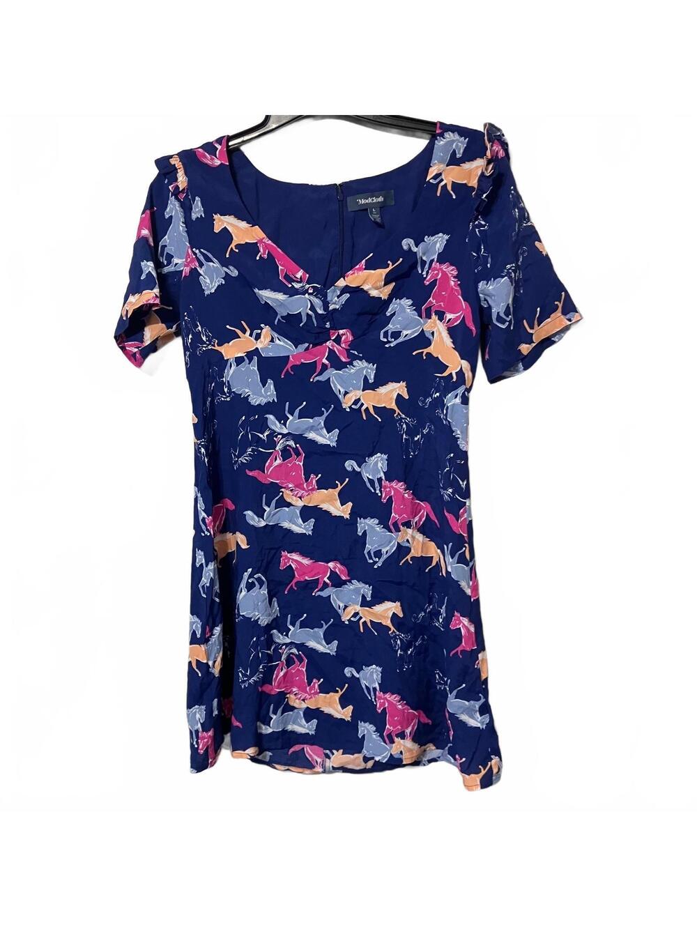 ModCloth Y2K Whimsical Colorful Navy Blue Horse Print Short Sleeve Dress Medium
